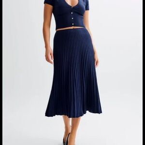 Meshki Navy Blue Pleated Midi Skirt